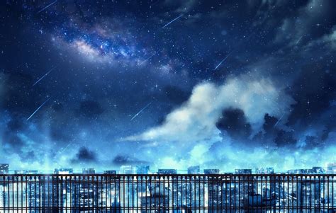 Anime, Comet, City, Night, Stars, 1080P, Original, Sky, Building, Cloud HD Wallpaper