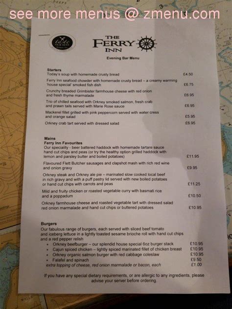 Menu at Ferry Inn Stromness restaurant, Stromness, 10 John St