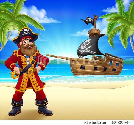 Pirate Captain Beach Ship Cartoon Background - Stock Illustration ...