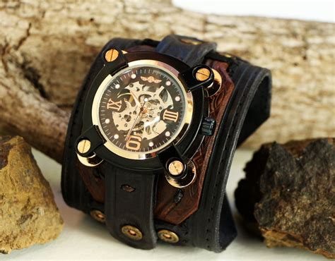 Leather Cuff Watch, Men's Wide Layered, Deep Black and Dark Brown ...