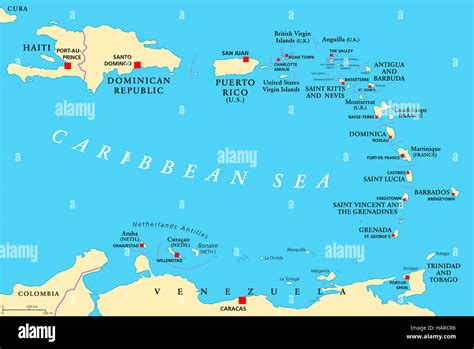 Lesser Antilles political map. The Caribbees with Haiti, the Dominican Republic and Puerto Rico ...