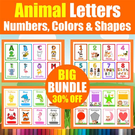 Letters, Numbers, Colors & Shapes Printable Flash Cards BUNDLE with cute Animals - Made By Teachers