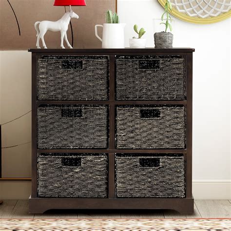 Kepooman Modern Wooden Storage Cabinet with 6 Rattan Baskets for ...