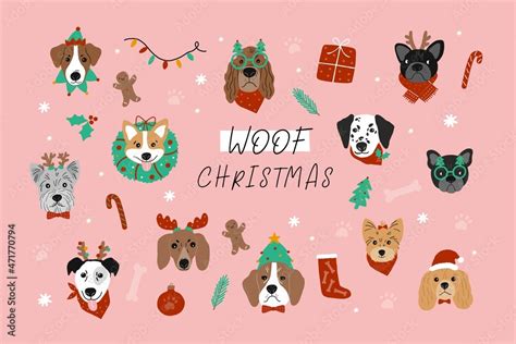 Cute cartoon Christmas dogs - vector prin in flat style. Holidays pet in Christmas hat. vector ...