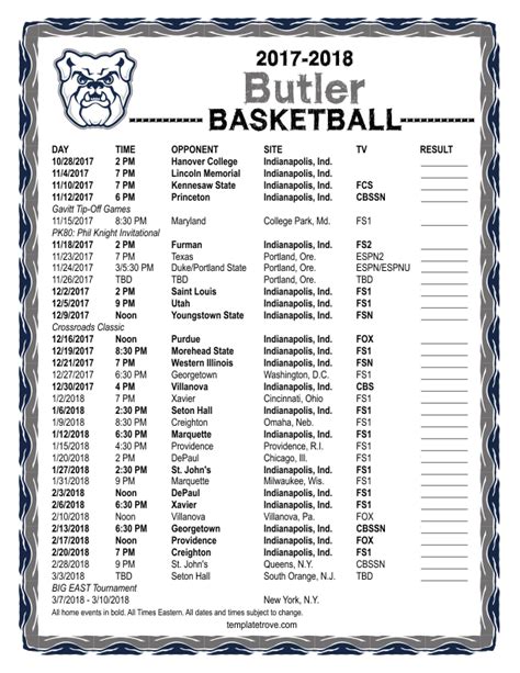 Printable 2017-2018 Butler Bulldogs Basketball Schedule