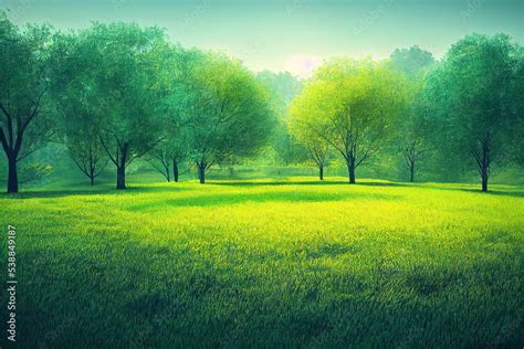 Beautiful spring forest background illustration, nature green grass field landscape wallpaper ...