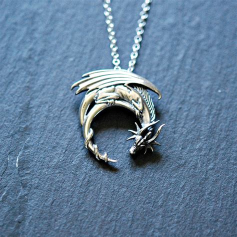 Sterling silver dragon necklace winged dragon on moon