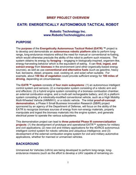 eatr: energetically autonomous tactical robot - Robotic Technology Inc.