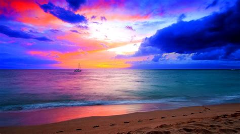 Serene Sunset: HD Wallpaper of Ship, Sand, and Tranquil Waters