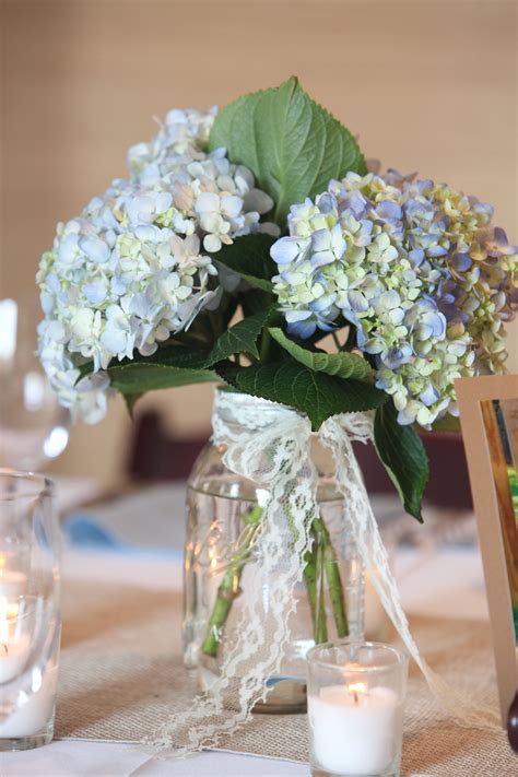 Blue Hydrangea with Lace in Mason Jar | Designed by Judy Johnston of ...