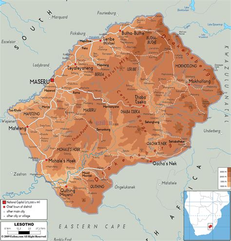 Large physical map of Lesotho with roads, cities and airports | Lesotho | Africa | Mapsland ...