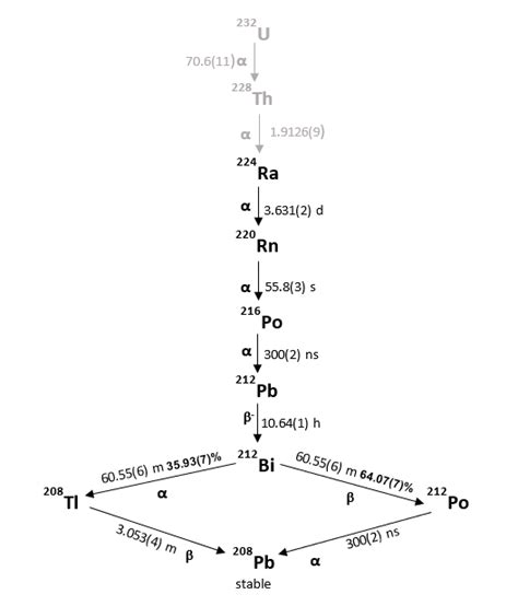 Thorium-228 decay chain. Half-lives for each nuclide are taken from the... | Download Scientific ...