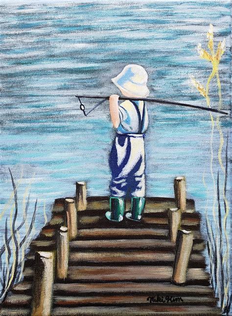 Little Boy Fishing on Pier Acrylic Painting Little Boy | Etsy