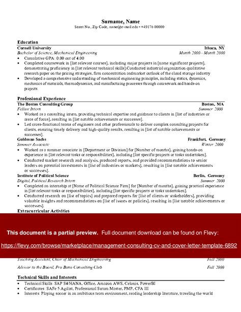Word Template: Management Consulting CV and Cover Letter Template (1-page Word document) | Flevy