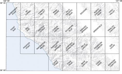 Index map of 7.5 minute quadrangles within the Point Sur 30'x60'... | Download Scientific Diagram