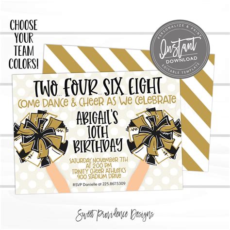 Cheer Birthday Invitation, Editable Cheerleader tailgate game time, PICK YOUR TEAM Color, Girl ...