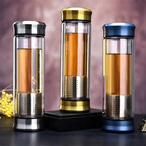 2017 New Style Glass Water Bottle With Loose Leaf Tea Strainer Tea Infuser Double deck Glass ...