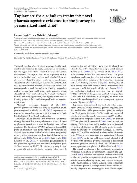 (PDF) Topiramate for alcoholism treatment: Novel pharmacogenetic evidence for the journey to ...