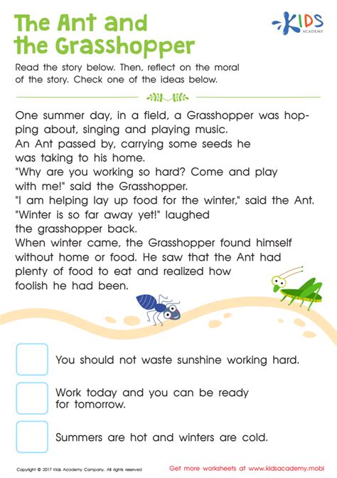 The Ant and The Grasshopper Printable: Downloadable Worksheet for Children