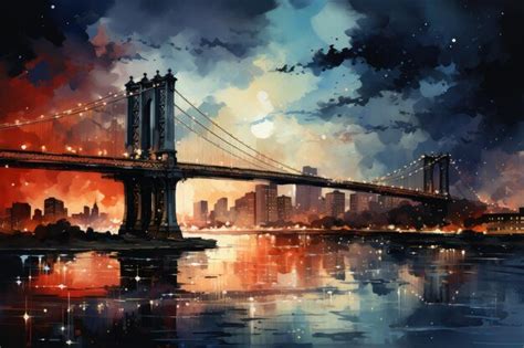 Premium Photo | Beautiful colorful night new york. brooklyn bridge, watercolor. urban landscape ...