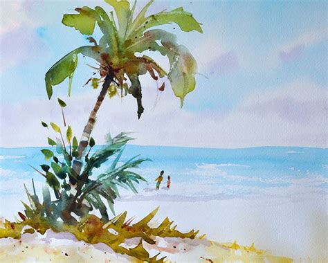 Watercolor Lesson Beach Scene and Palm Tree - P.J. Cook Artist Studio | Beach watercolor, Tree ...