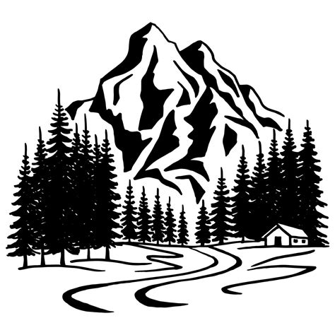 Mountain with pine trees and landscape black on white background. Hand drawn rocky peaks in ...