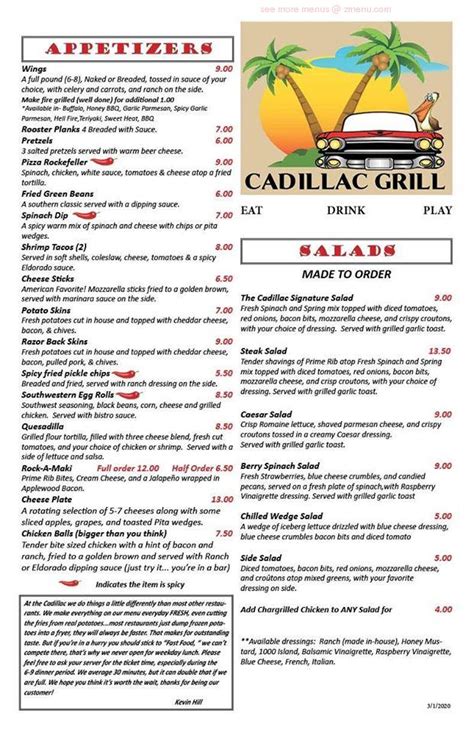 Menu at Cadillac Grill pub & bar, Rockwood