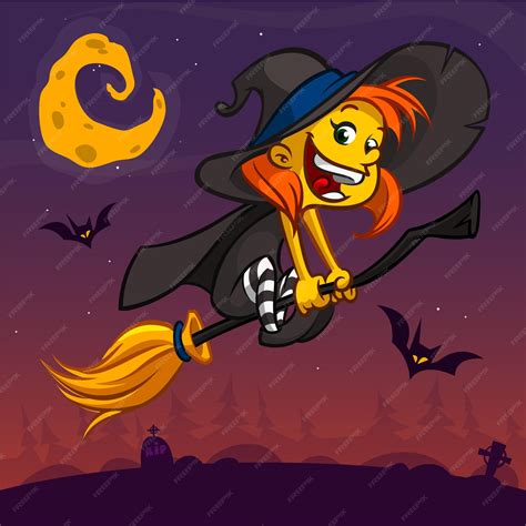 Premium Vector | Cartoon pretty funny witch flying on her broom