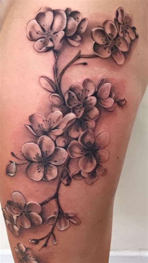 Cherry blossom on thigh in black and grey - by Nico Dray (The Worlds End) in Guernsey. ️ | White ...