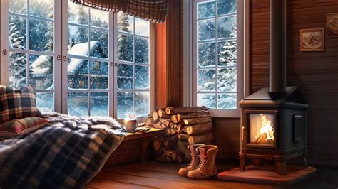 Relax in a Cozy Winter Cabin with Crackling Fireplace Sounds, Snowfall ...