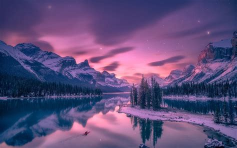 Download wallpapers sunset, mountain landscape, winter, Alberta, Canada, forest, trees, mountain ...