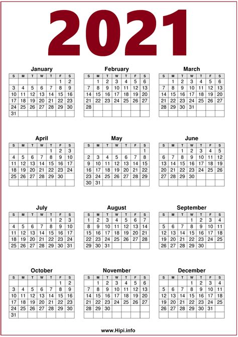 2021 Calendar Printable One Page Free - Free Download - Hipi.info