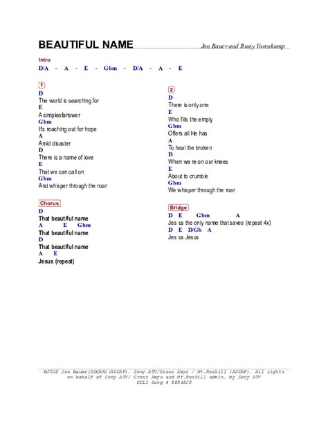 Beautiful Name Chords PDF (Jon Bauer) - PraiseCharts