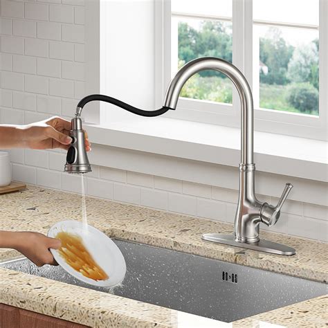 Kitchen Faucet-WEWE Single Handle Stainless Steel Brushed Nickel Pull Down Kitchen Sink Faucet ...