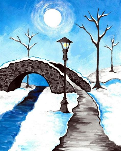 Snowy bridge | Canvas art painting, Landscape paintings, Winter painting