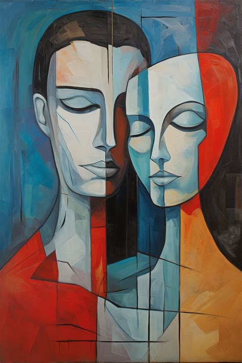 an abstract painting of two people with their eyes closed and one ...