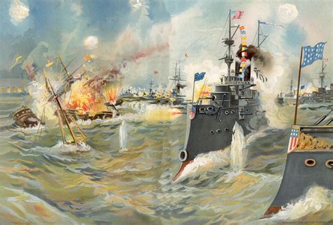 American cruisers destroy Spanish warships during the Battle of Manila ...