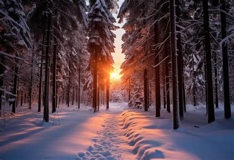 Premium AI Image | Photo of winter sunset beautiful nature forest with ...