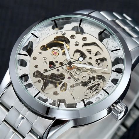 Winner Watches Men Skeleton Automatic Mechanical Watch Silver Skeleton ...