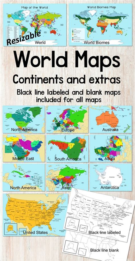 World Map and separate continents maps includes black and white maps ...