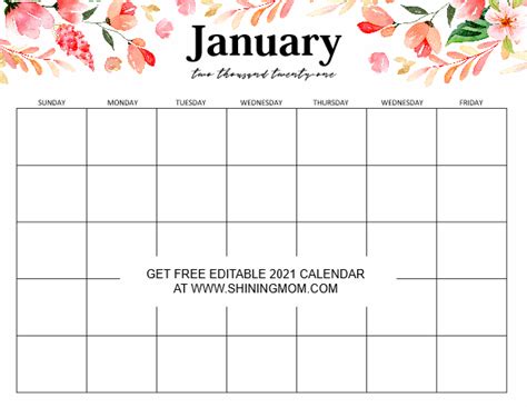 Free Downloadable 2021 Word Calendar : 2021 Monthly Calendar Printable Word / Blank Calendar ...