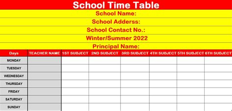 Timetable Excel Template