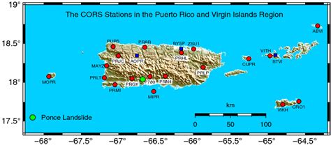 Map showing the geometry of current 19 CORS stations (circles) managed... | Download Scientific ...