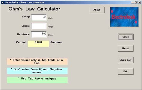 Ohm's Law Calculator Screen Shots and Ohm's Law Electrical Formula ...