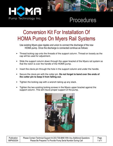 HOMA Conversion Kit For Installation Of HOMA Pumps On Myers Rail Systems User Manual | 1 page