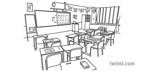 Emirati Empty Classroom Black and White RGB KS1 Illustration - Twinkl