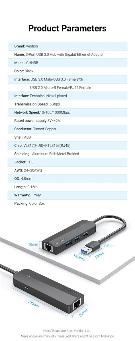 3-Port USB 3.0 Hub with Gigabit Ethernet Adapter – Vention