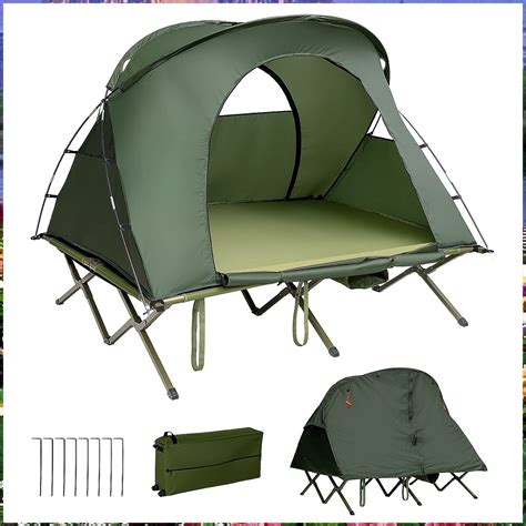 Tangkula 2-Person Tent Cot, 4-in-1 Folding Tent with Waterproof Rainfly, Self-Inflating Mattress ...