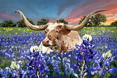 Texas Bluebonnet Painting - Longhorn In Bluebonnets by Tim Gilliland ...