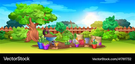 Cartoon backyard garden with gardening equipment Vector Image